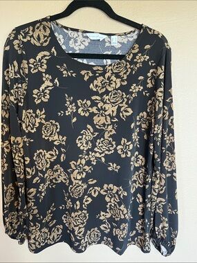 Susan Graver Black Top with Gold Floral Print - Long Sleeve